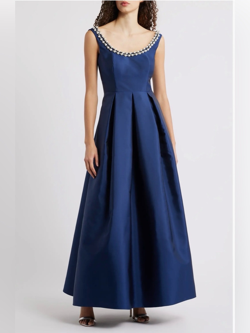 Eliza J Navy Pearl-Trim Scoop Neck Maxi Gown